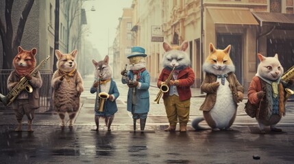 A wind band playing on the street during the rain - obrazy, fototapety, plakaty