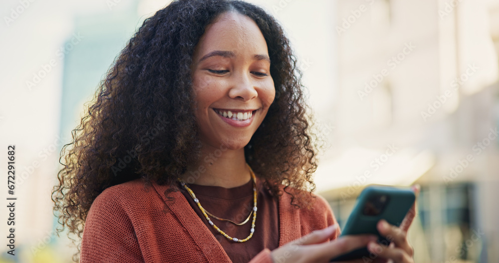 Poster Phone, happy and African woman with smile in city online for social media, networking and internet. Communication, smile and female person on smartphone for chatting, connection and mobile app