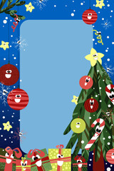 Vector New Year vertical banner with a New Year tree with New Year's toys and gifts, with snow and confetti. New Year banner with place for text.