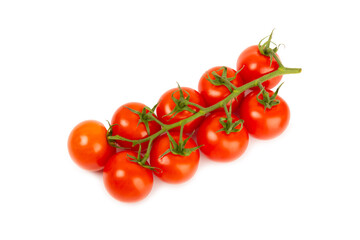 Sprig of cherry tomatoes isolated on white background. Red fresh tomatoes. Fresh vegetables. Vegan. Close-up. Healthy food. Salad Ingredients.