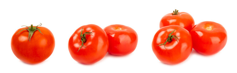 Red tomato isolated on white background. Fresh red tomatoes. Fresh vegetables. Vegan. Close-up....