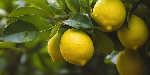 AI Generated. AI Generative. Fresh raw organic harvest farming yellow lemon on green tree branch. Graphic Art