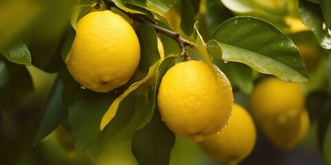 AI Generated. AI Generative. Fresh raw organic harvest farming yellow lemon on green tree branch. Graphic Art