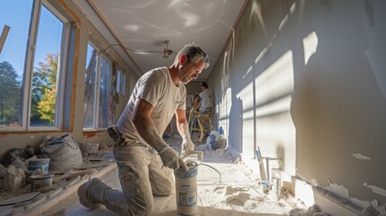 Man plastering drywall in a private house. - obrazy, fototapety, plakaty