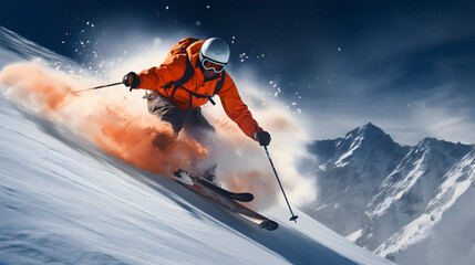 enjoying skiing, ski resort, skier jumping, winter holiday concept, Extreme winter sports, Slope skiing, Traveling concept background, theme recreation, professional skier