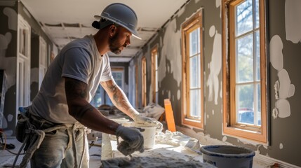 Man plastering drywall in a private house.