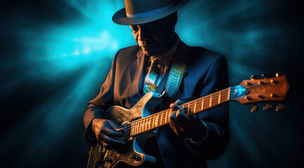 Obraz premium Blues Guitarist Immersed in the Rhythm Under Blue Spotlight