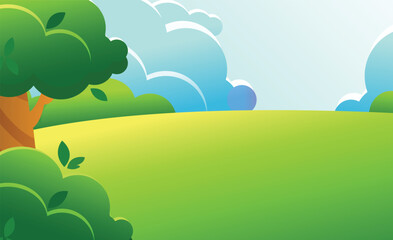 Obraz premium Green summer or spring landscape in cartoon style.Trees, bushes and clouds are illuminated by the sun.