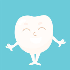 A happy tooth smiles happily. A positive character for the day of the dentist and children's oral care.