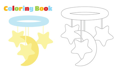 Colouring Book. Asterisk and moon mobile for newborn baby in soft pastel yellow and blue colors. Cartoon style illustration of objects for young children of the first year of life.