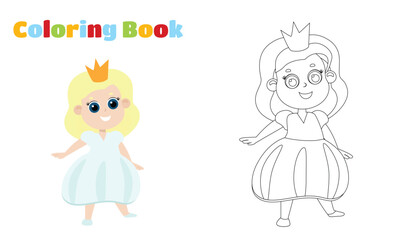 Coloring Page. Little princess girl in crown in cartoon style isolated on white background. The girl has blond hair and a lush dress.