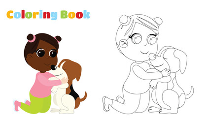 Colouring Book. Little charming girl hugs a beagle dog. The child is sitting on his lap, smiling and happy. The girl is dressed in trousers and a blouse. Friendship between man and dog.