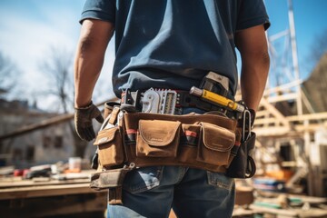 Middle part of worker wearing tool belt at construction site - obrazy, fototapety, plakaty