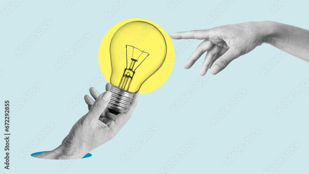 Poster collage with hands and light bulb which is symbolizing creativity concept and new ideas in business