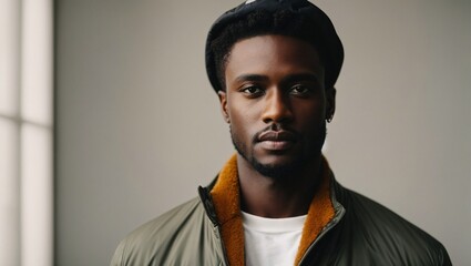 Fototapeta premium Retrato de joven modelo afroamericano para marca de ropa elegante de invierno