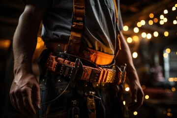 Middle part of worker wearing tool belt at construction site