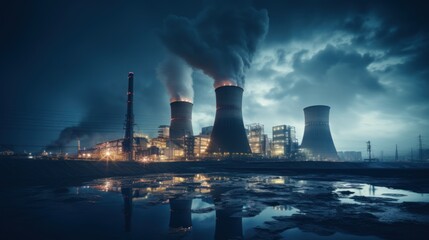 Nuclear Power plant at night with chimneys and cooling towers, industrial landscape - obrazy, fototapety, plakaty