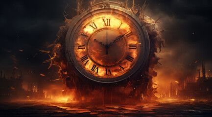 Amidst a fiery apocalypse, a grandiose clock stands defiant, its fragments suspended in time as embers glow against the twilight ruins, symbolizing the end of an era - obrazy, fototapety, plakaty
