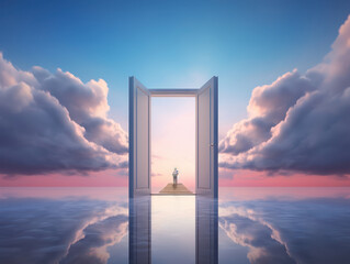 This evocative image captures a lone figure standing before an open door on a wooden path, gazing into a serene, reflective horizon where sky and water merge under a gradient of twilight hues - obrazy, fototapety, plakaty