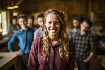 Portrait of smiling female teacher wearing plaid shirt with students