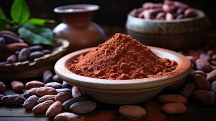 Raw cocoa beans, clay bowl with cocoa powder.