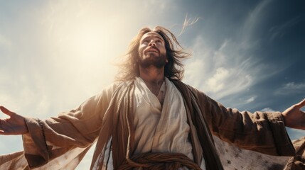 Resurrected Jesus Christ reaching out with open arms in the sky - obrazy, fototapety, plakaty