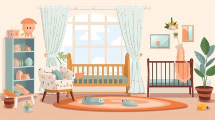 Baby room with furniture in flat style. Nursery and playroom interior with a baby cot. generative ai