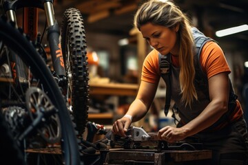 Side view of female mechanic working in a bicycle - obrazy, fototapety, plakaty