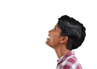 Thinking, looking up and face of Indian woman with smile on png or transparent background. Promo, ideas and profile of isolated person with decision, option and choice for announcement or information