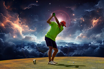 Golfer on a golf course at night, ready to tee off. Golfer with golf club hitting the ball for the perfect shot.