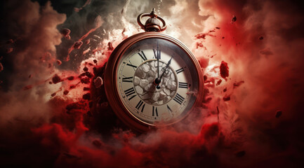 A pocket watch, symbolizing the essence of time, has met its end, surrounded by an explosion of crimson mist and debris