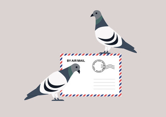 A pigeon postage concept featuring two pigeons alongside an airmail envelope