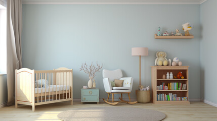 Baby room interior with comfortable crib. Interior of stylish children room. generative ai