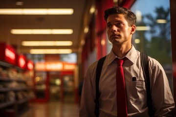 A thoughtful salesperson looks towards the supermarket entrance.