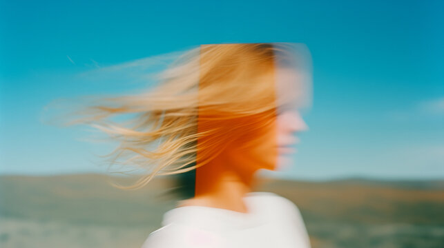 An abstract double exposure portrait of a blonde woman with her hair blowing in the wind and head covered with transparent orange rectangle. Green hills and blue sky on the background.