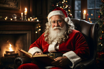  Santa Claus sits in a rustic armchair next to a fireplace under the Christmas tree and reads a book