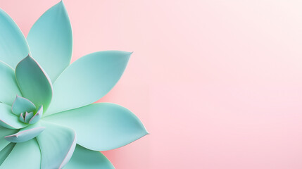 A succulent plant with blue and pink pointed leaves against the background, which is a gradient of pink and white. Soft and dreamy feel.