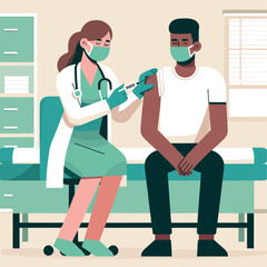 Light-skinned female doctor in green uniform vaccinating male patient in flat vector room.