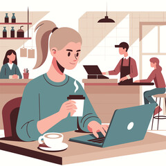 Young person working in coffee shop vector with flat colors and solid shadows.