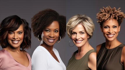 Obraz premium Collage of middle aged multiracial business women smiling at camera
