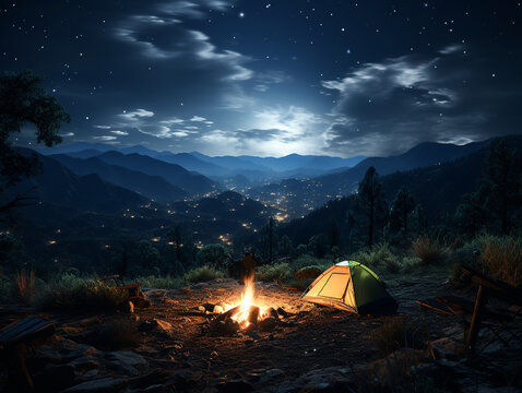 Campsite at night. Bonfires and candles lit the area. The sky is filled with beautiful stars