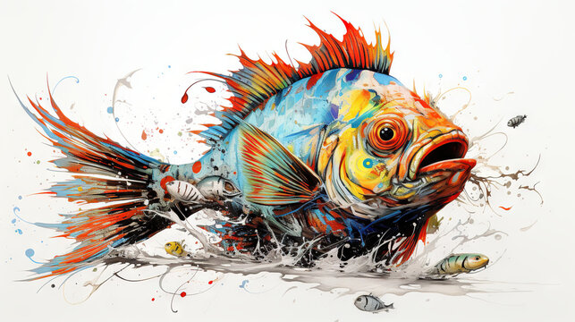  a painting of a colorful fish on a white background with splashes of paint.  generative ai