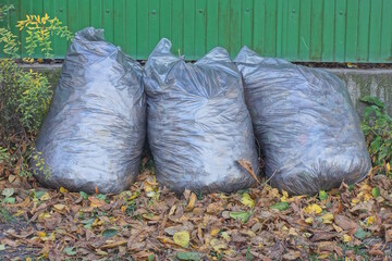 three full gray plastic bags with garbage stand on the ground near the wall on the street