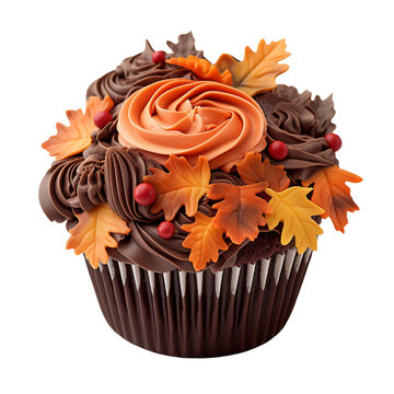 Autumn Cupcakes, Fall Muffins, Thanksgiving cup cakes, Chocolate Cake, Brown Chocolate icing frosting, Fall leaves in Orange, Yellow and Brown, Isolated on Transparent Background PNG