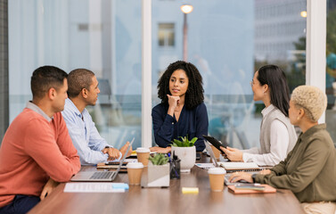 Content marketing, thinking or business people in meeting planning a creative digital startup...