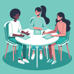 Diverse trio discussing around a table in flat vector design.