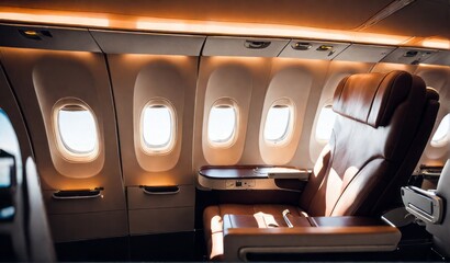 Luxurious and spacious Business Class seats in the aircraft's luxurious First Class cabin. The seats are extremely comfortable. White and cream tones