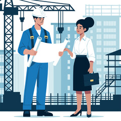 Vector design of Asian engineer and African architect at construction site.