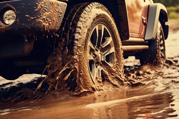 A Close Up of a Jeeps Dirty and Rugged off Road Tires Covered in Sand and Mud in Action.