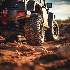 A Close Up of a Jeeps Dirty and Rugged off Road Tires Covered in Sand and Mud in Action. - obrazy, fototapety, plakaty